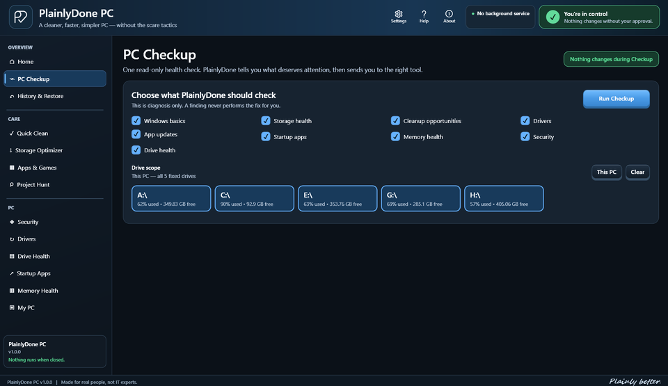 PlainlyDone PC Checkup results