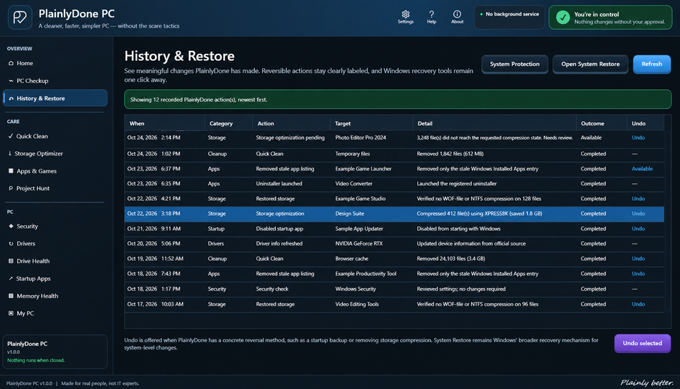 PlainlyDone PC History and Restore screen