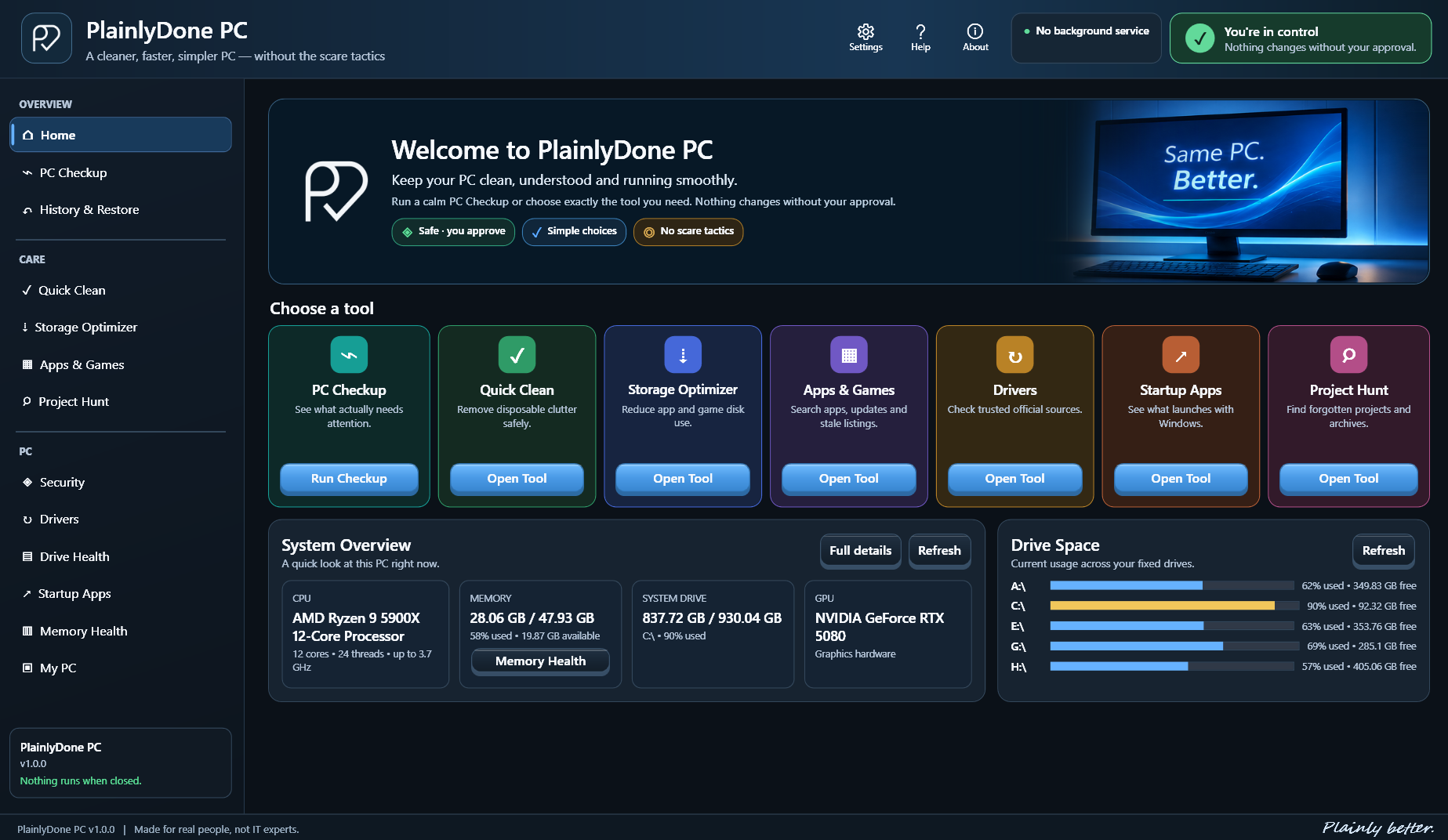 PlainlyDone PC Home dashboard